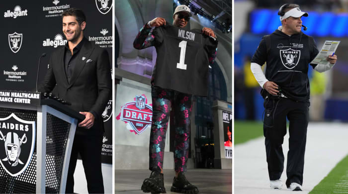 Jimmy Garoppolo stands at the Raiders podium; Tyree Wilson holds his new jersey at the draft; Josh McDaniels walks down the field sideline holding a sheet of paper